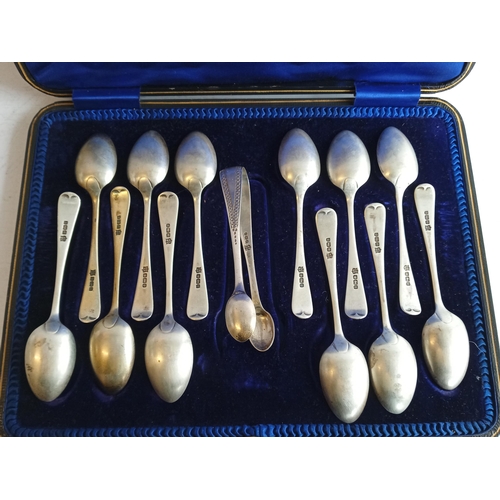 298 - 12 Piece Sterling Silver Spoons & Sugar Tongs, Boxed