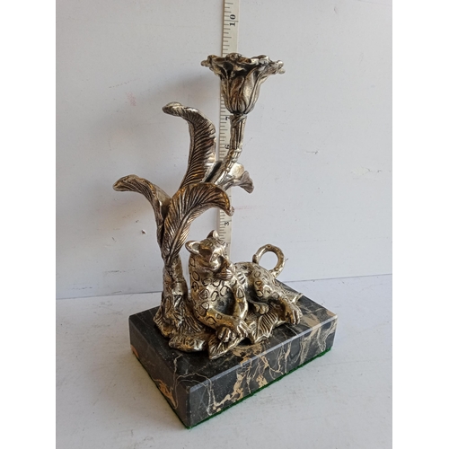 122 - Silvered Bronze Leopard Candle Stick on Marble Base