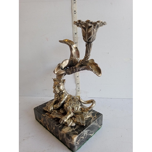 122 - Silvered Bronze Leopard Candle Stick on Marble Base