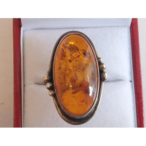 13 - Silver & Amber Ring, Boxed. Size L 1/2