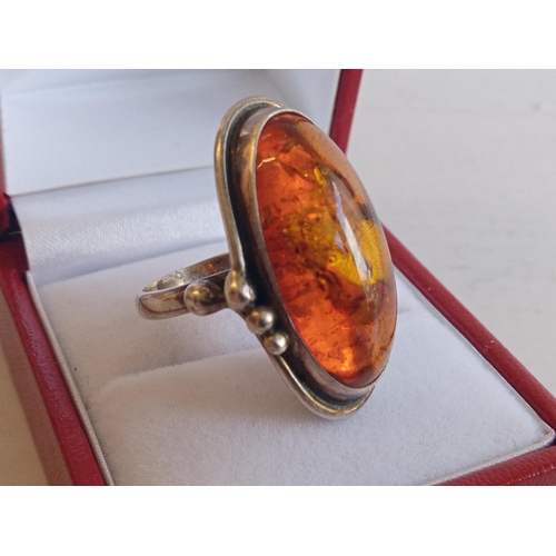 13 - Silver & Amber Ring, Boxed. Size L 1/2