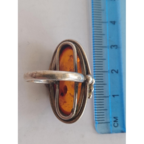 13 - Silver & Amber Ring, Boxed. Size L 1/2