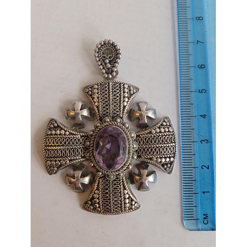 26 - Rare Sterling Silver, Amethyst & Marcasite Pendant. 29 grams