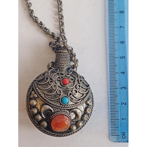 9 - Tibetan Silver Scent Bottle on Chain Set with Semi Precious Stones