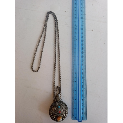 9 - Tibetan Silver Scent Bottle on Chain Set with Semi Precious Stones