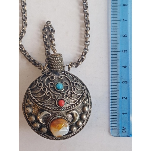 9 - Tibetan Silver Scent Bottle on Chain Set with Semi Precious Stones