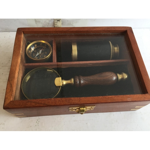 161 - Compass, Magnifying Glass & Telescope in Presentation Case