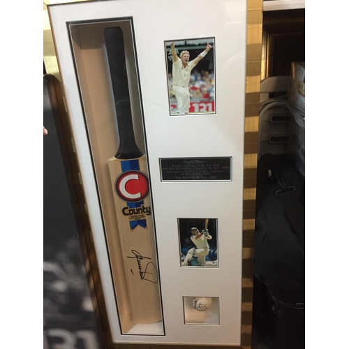 414 - Framed Signed Shane Warne Collage, Inc Cricket Bat, Ball & one Canvas Picture. Shipping Unavailable