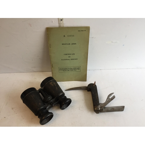 156 - Pair of Vintage Military Binoculars, Antique Jack Knife & Certificate of National Service Booklet