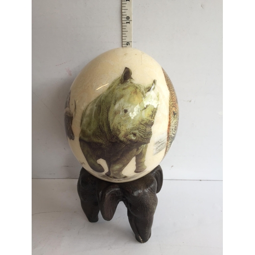 238 - Early Signed Ostrich Egg on Bronze Elephant Stand