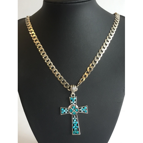 36 - Stunning Silver Cross & Chain Set with Blue Stones