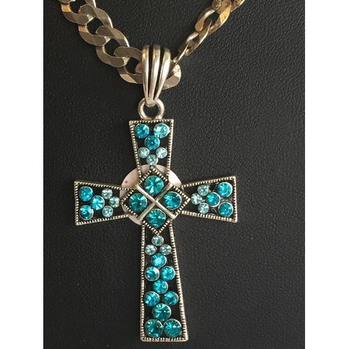 36 - Stunning Silver Cross & Chain Set with Blue Stones