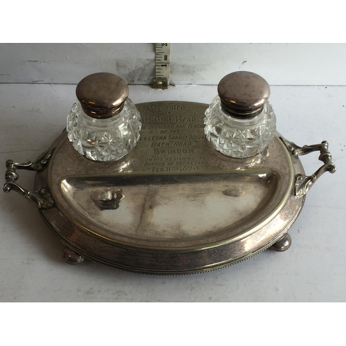 347 - Silver Plate Inkwell Desk Piece