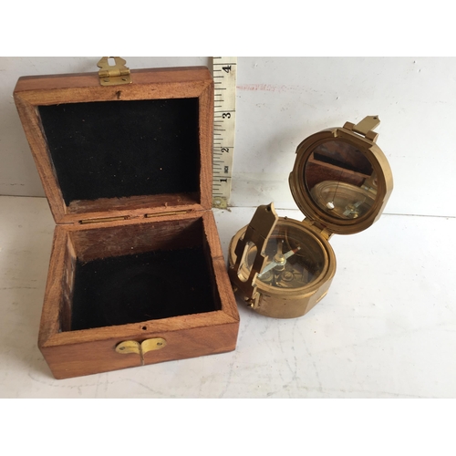 66 - Heavy Brass Compass in Wood Case