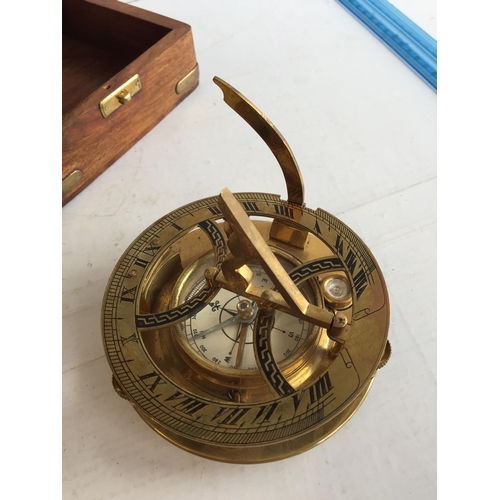 67 - Vintage Brass 4Inch Compass Maritime Marine Nautical Sundial Compass in Wood Case