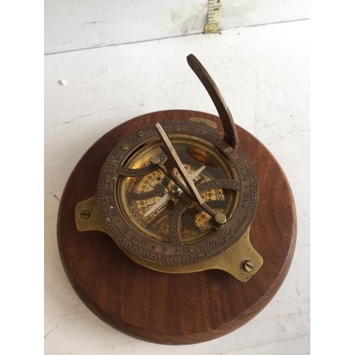 72 - Brass Sundial Compass on Wood Base, 4inch