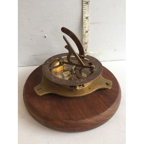 72 - Brass Sundial Compass on Wood Base, 4inch