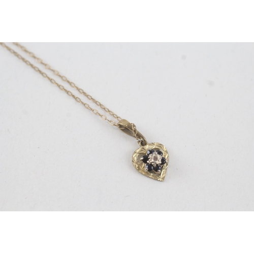 20 - 9ct gold sapphire and diamond set cluster pendant 
necklace