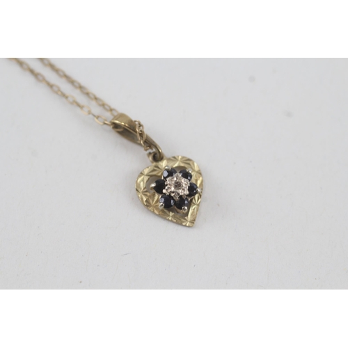 20 - 9ct gold sapphire and diamond set cluster pendant 
necklace