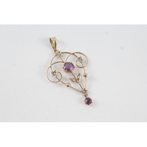 25 - 9ct gold antique amethyst paste & seed pearl openwork 
pendant