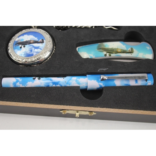 86 - Mens Spitfire Pocket Watch, Pen &
Knife Set Quartz Working