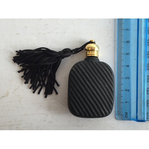 99 - Vintage Black Satin Glass Deco Style Fluted Perfume Bottle with Tassel, 2.5 inch