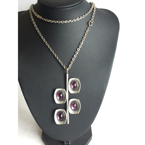 120 - Rare Mid Century Modern Pewter with Purple Stone Pendant Necklace Jorgen Jensen MCN