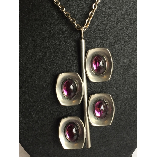 120 - Rare Mid Century Modern Pewter with Purple Stone Pendant Necklace Jorgen Jensen MCN