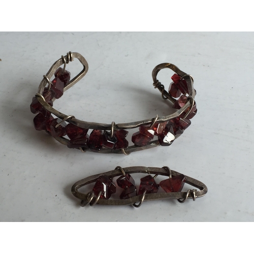 115 - Hand Made Silver Bangle & Pendant with Pomegranate Stones