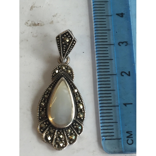 34 - Vintage Silver Marcasite & Pearl Tear Drop Pendant