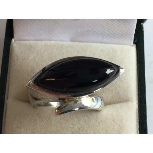 46 - Art Deco Style Solid Silver & Onyx Set Ring, size O