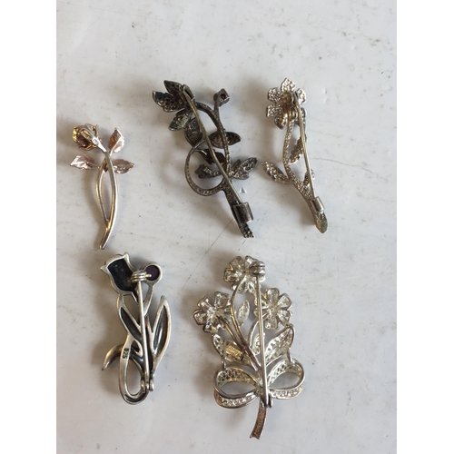 66 - 5 Assorted Sterling Silver Flower Brooches