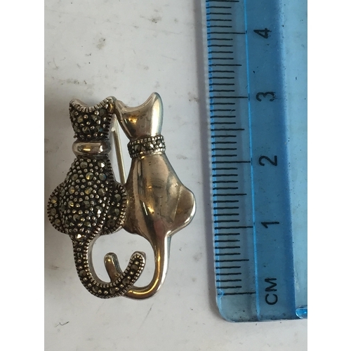 31 - Sterling Silver Cat with Entwined Tails Vintage Marcasite Gem Studded Pin Brooch