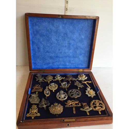 235 - Very Good Selection of Cap Badges with Nice Mahogany Box