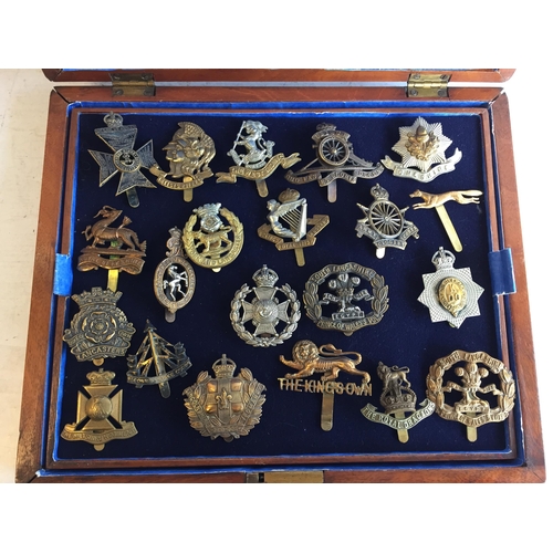 235 - Very Good Selection of Cap Badges with Nice Mahogany Box