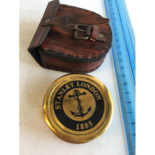 257 - Brass Screw Top Stanley Compass with Leather Case