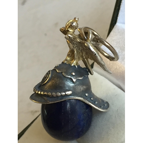 260 - Russian Silver Lapis Lazuli Carved Egg with Eagle & helmet Decoration. Lovely Quality Piece