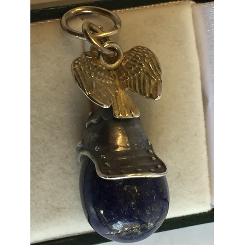 260 - Russian Silver Lapis Lazuli Carved Egg with Eagle & helmet Decoration. Lovely Quality Piece