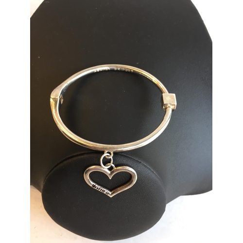 267 - Heavy Hinged Silver Bangle with Heart Pendant