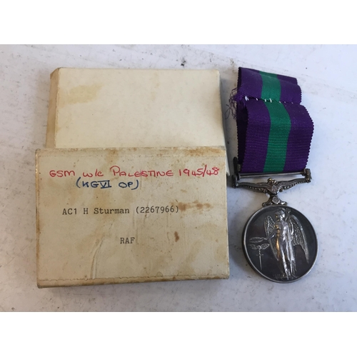 169 - Boxed GVI GSM Palestine 1945-48 Medal ACI C . Sturman 2267966 RAF.



2201017