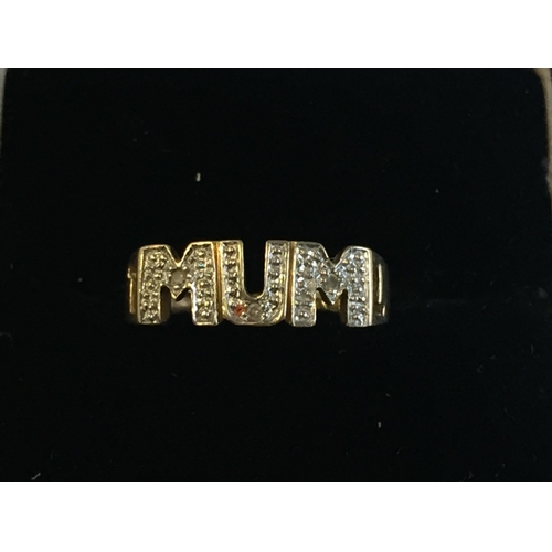 58 - 9ct Gold Diamond Set MUM Ring, size J.



2055409