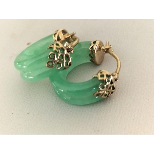 139 - Pair of Chinese Gold & Jade Hoop Earrings