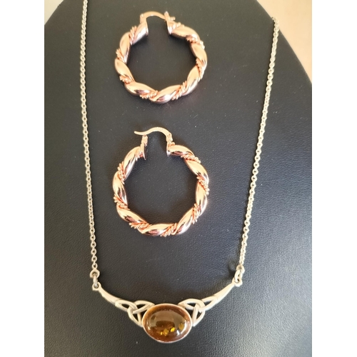 141 - Silver Guilt Earrings & Silver & Amber Celtic Necklace