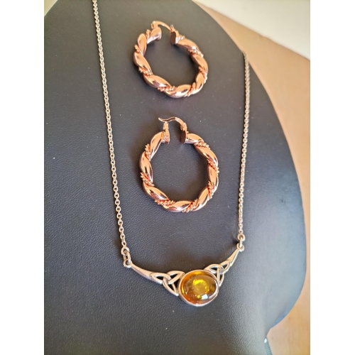 141 - Silver Guilt Earrings & Silver & Amber Celtic Necklace