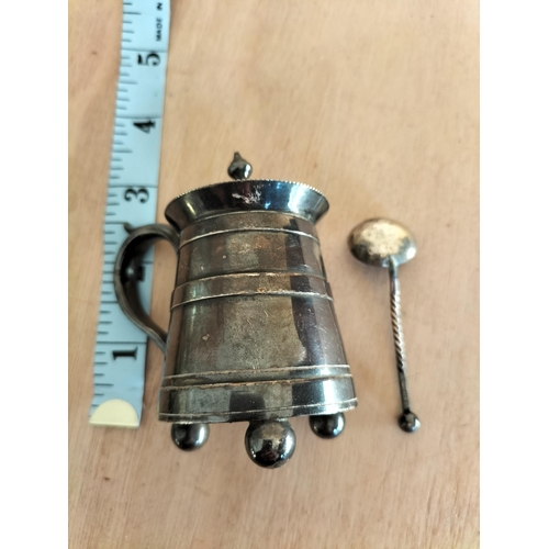 86 - Vintage Mustard Pot in the Shape of a Tankard with Hall Marked Spoon