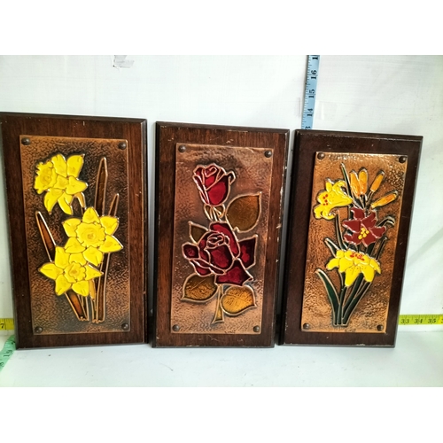 77 - 3 Signed Art Nouveau Copper Flower Plaques