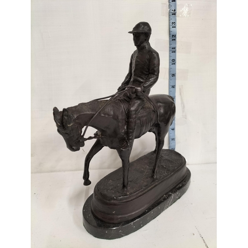 59 - Very Heavy Bronze Horse & Rider, Solid on Marble Base