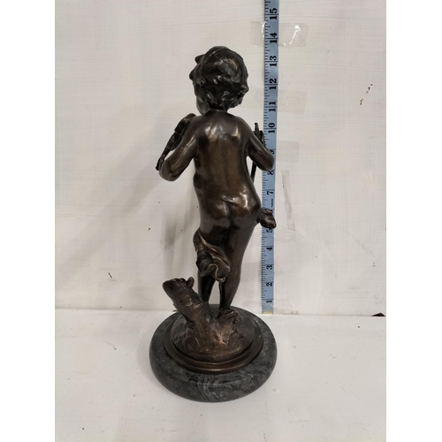 255 - Signed Bronze Cherub Playing Violin on Marble Base