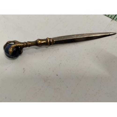 30 - Great Old Letter Opener with Claw Holding Marble