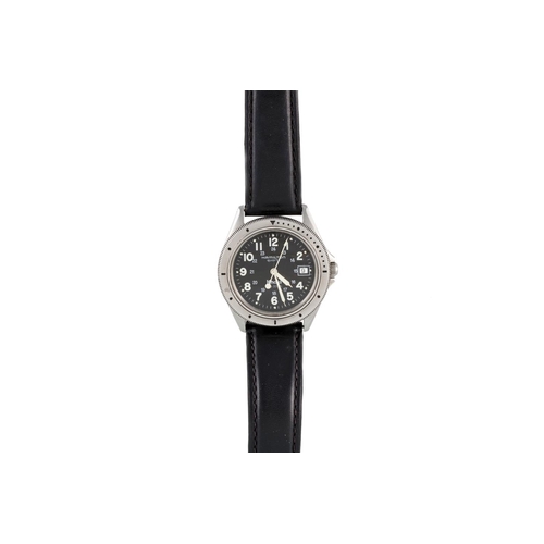 313 - A GENTS STAINLESS STEEL HAMILTON WRIST WATCH, khaki quartz movement, with date and black leather str... 